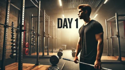 A determined man standing in a gym, holding a barbell, with “DAY 1” displayed in bold text, symbolizing the beginning of his enclomiphene journey.