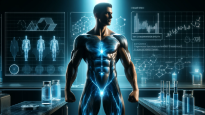 Futuristic illustration of a muscular man with glowing blue veins, symbolizing increased testosterone levels from enclomiphene, set in a high-tech lab with hormone graphs and molecular structures.