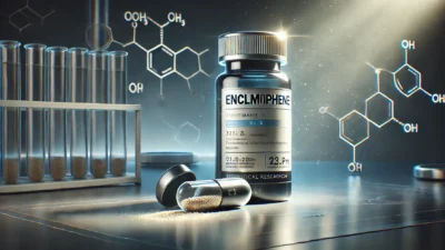 A cinematic-style digital image of a sleek medicine bottle labeled “Enclomiphene” on a dark reflective surface, symbolizing testosterone optimization and hormone therapy.