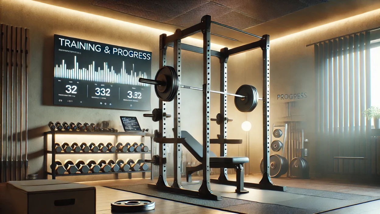 Modern home gym setup with squat rack, barbells, and a digital workout tracker displaying progress metrics.