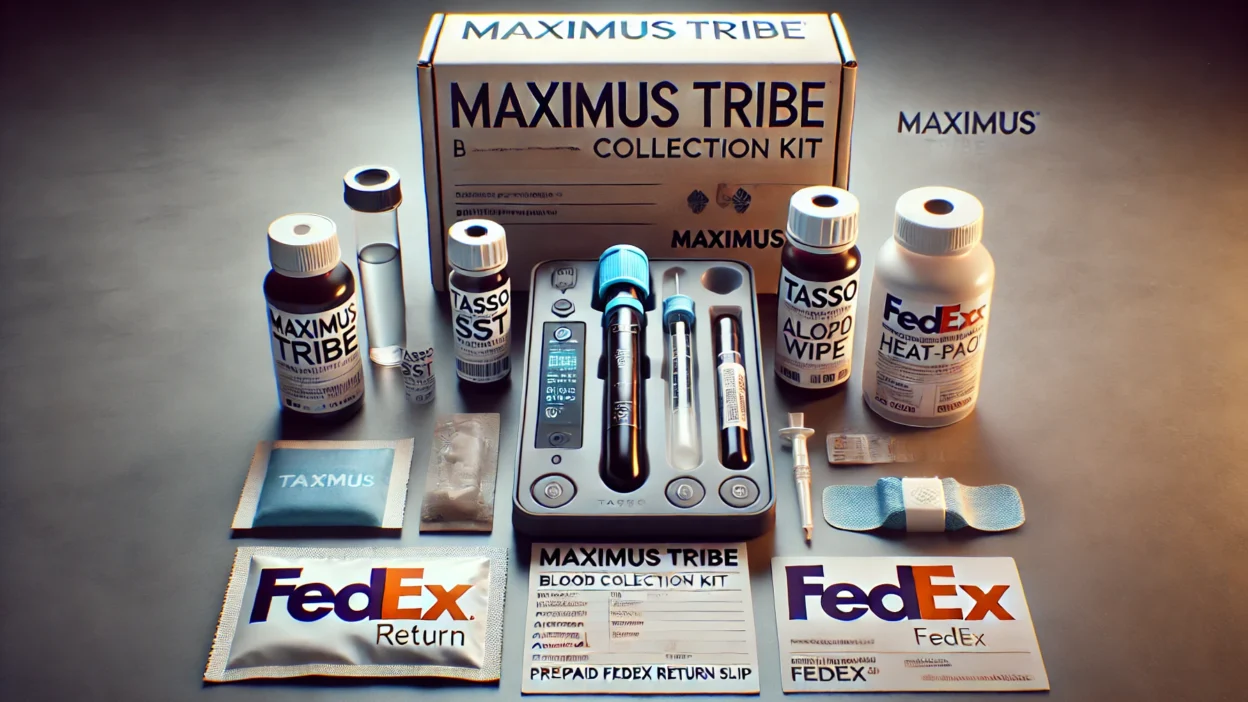 A neatly arranged Maximus Tribe blood collection kit, featuring the Tasso SST device, collection tube, alcohol wipe, gauze, band-aid, heat pack, and prepaid FedEx return slip, set against a clean, well-lit background. The word “Maximus” is prominently displayed in the image.